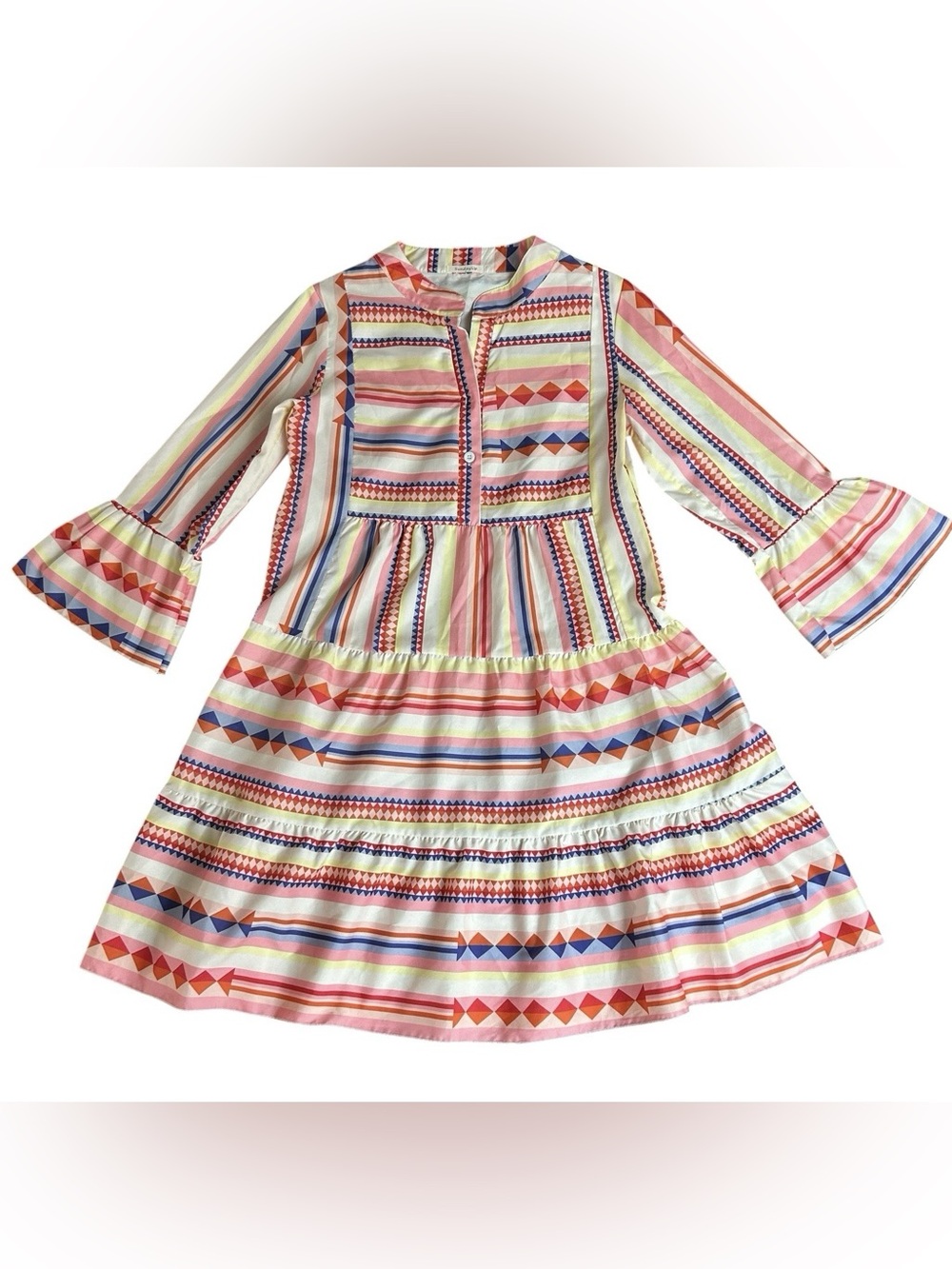 Sundayup Women’s Small Dress Pink Tribal Button Tunic Dress Flared Sleeves